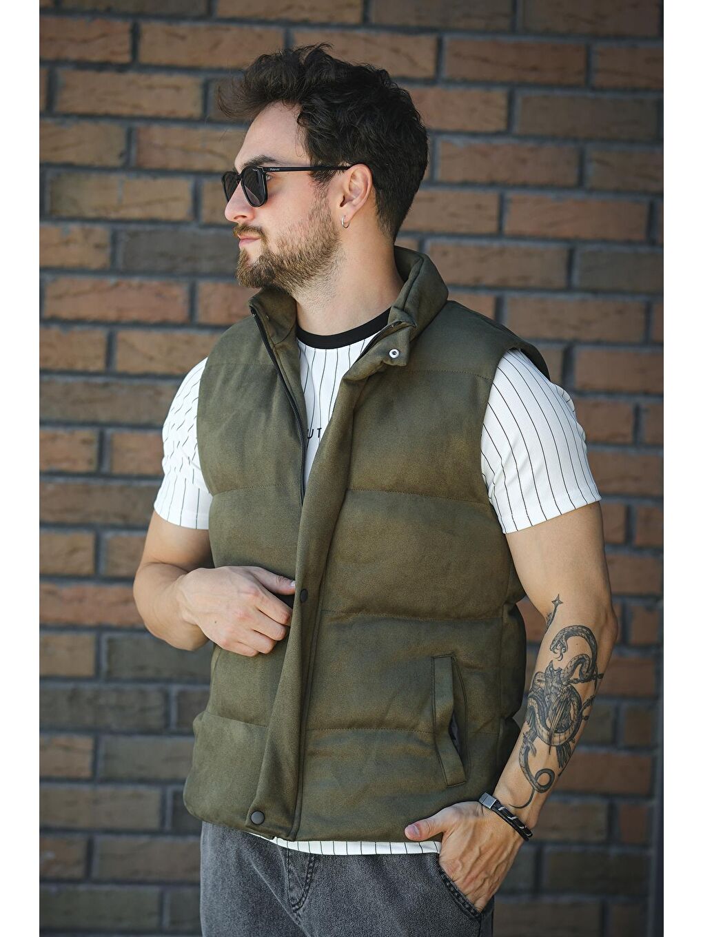 Haki Taff Cepli Dik Yaka Dolum Erkek Şişme Süet Nubuk Yelek