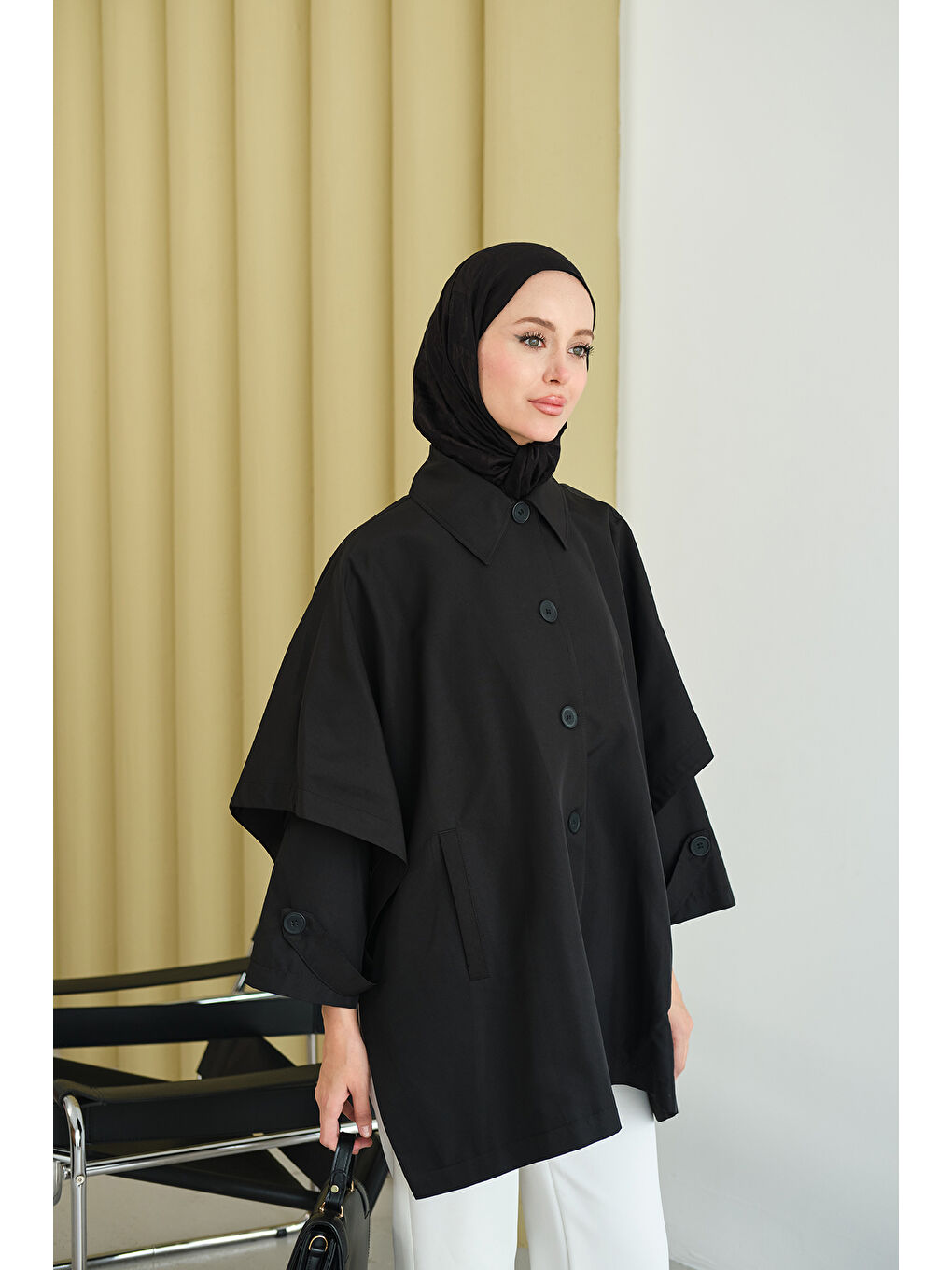 Kadın Pelerin Kol Kısa Trenç Siyah-4