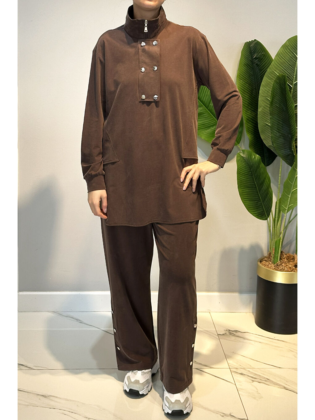 Kahverengi Pamuklu Zımba Detay Tunik Pantolon Takım 4417 Kahve-4