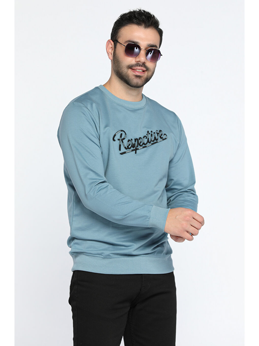 Mishar İtalia Mavi Erkek Bisiklet Yaka Ön Nakışlı Sweatshirt - 1