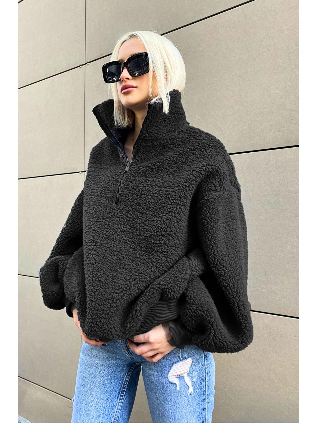 Siyah Pelüş Fermuar Yaka Sweatshirt Mg1413-7