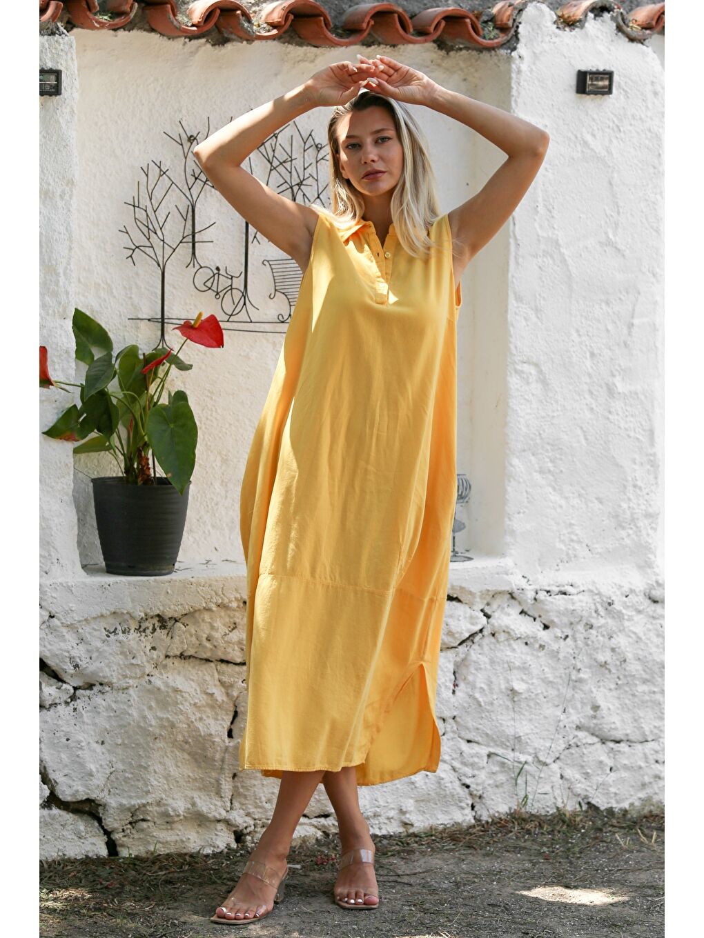 Sarı Gömlek Yaka Kolsuz Düğmeli Çift Cepli Yıkamalı Dokuma Casual Pamuklu Elbise-3