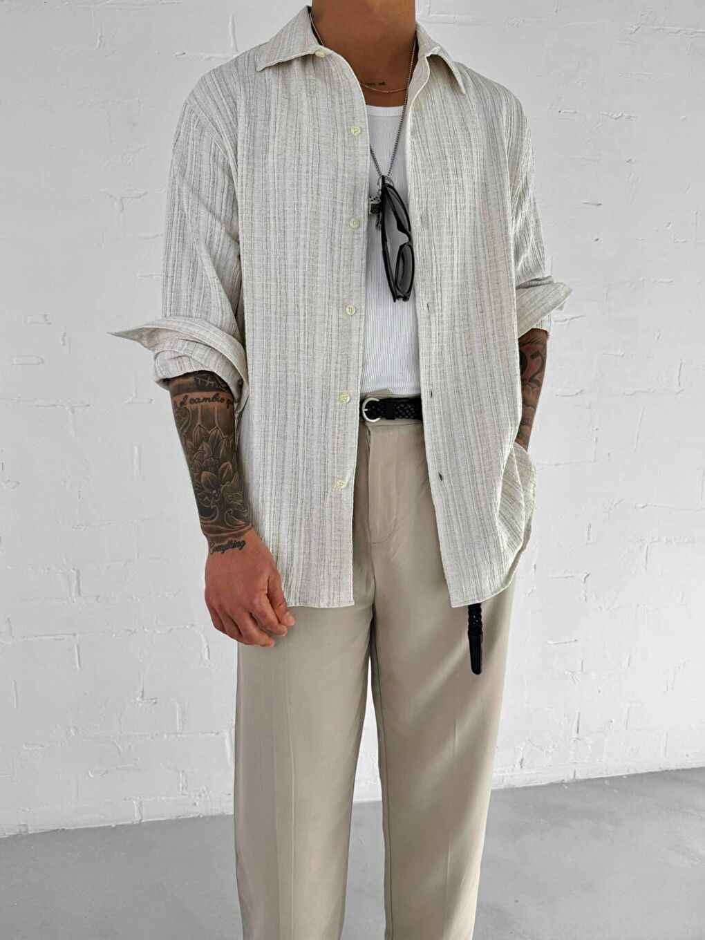 Erkek Relax Fit Rahat Kesim Gömlek Bej-1