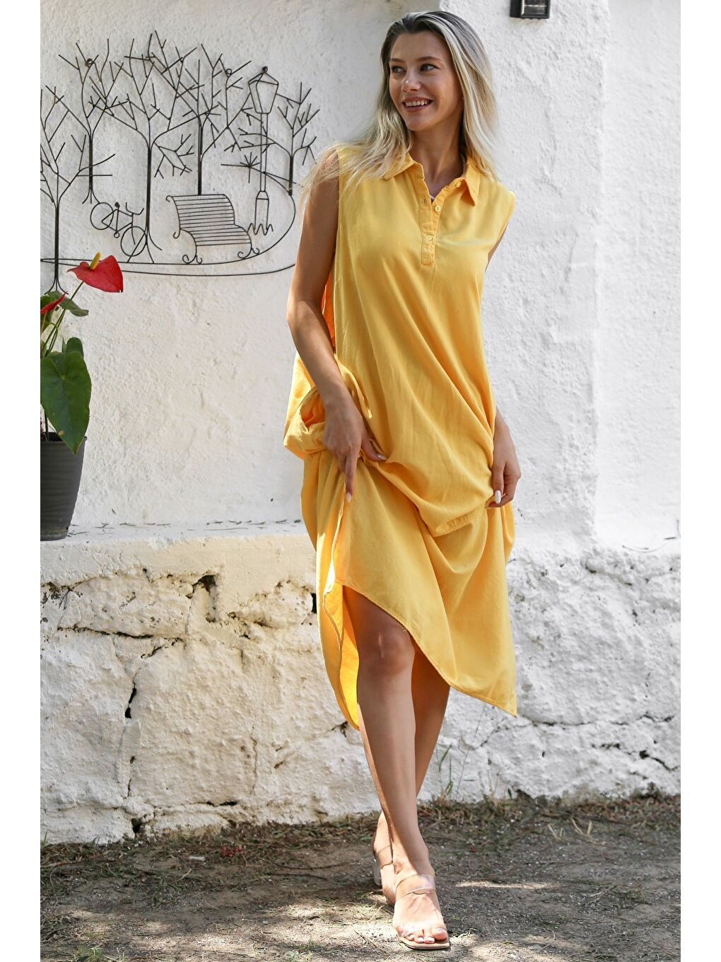 Sarı Gömlek Yaka Kolsuz Düğmeli Çift Cepli Yıkamalı Dokuma Casual Pamuklu Elbise-5