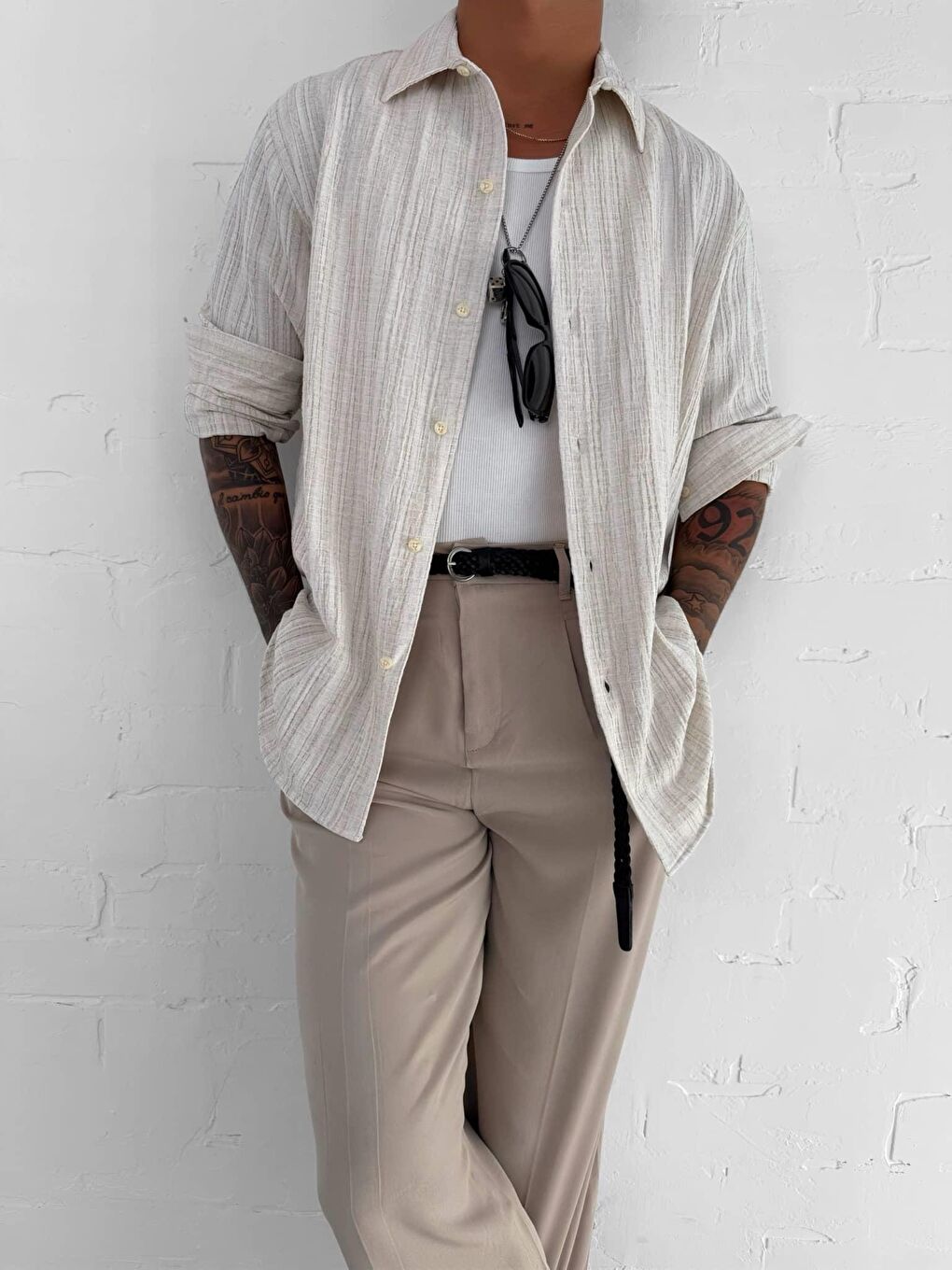 Erkek Relax Fit Rahat Kesim Gömlek Bej-2