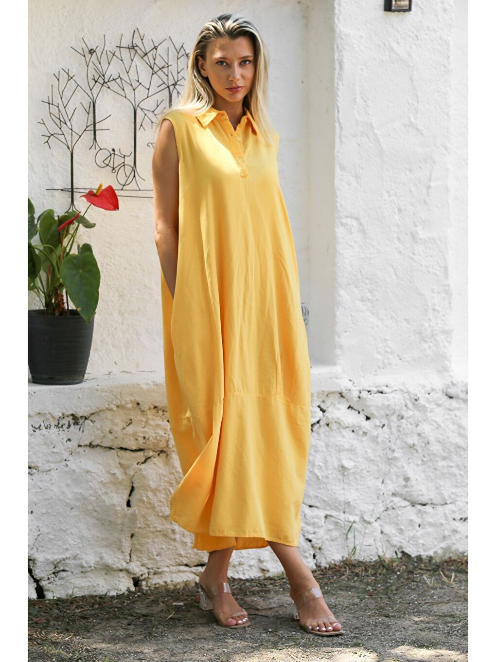 Sarı Gömlek Yaka Kolsuz Düğmeli Çift Cepli Yıkamalı Dokuma Casual Pamuklu Elbise-6