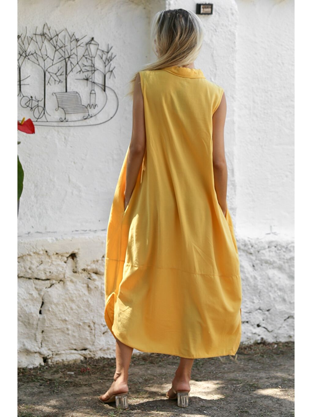 Sarı Gömlek Yaka Kolsuz Düğmeli Çift Cepli Yıkamalı Dokuma Casual Pamuklu Elbise-7