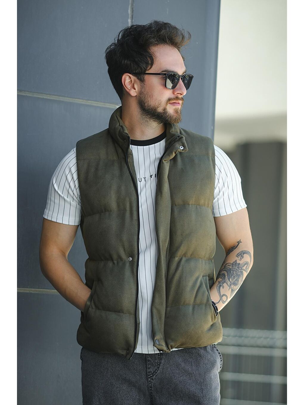 Haki Taff Cepli Dik Yaka Dolum Erkek Şişme Süet Nubuk Yelek-1