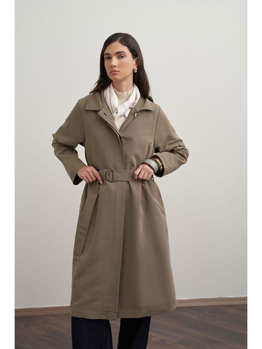 Haki-Kuşaklı Uzun Trençkot-3