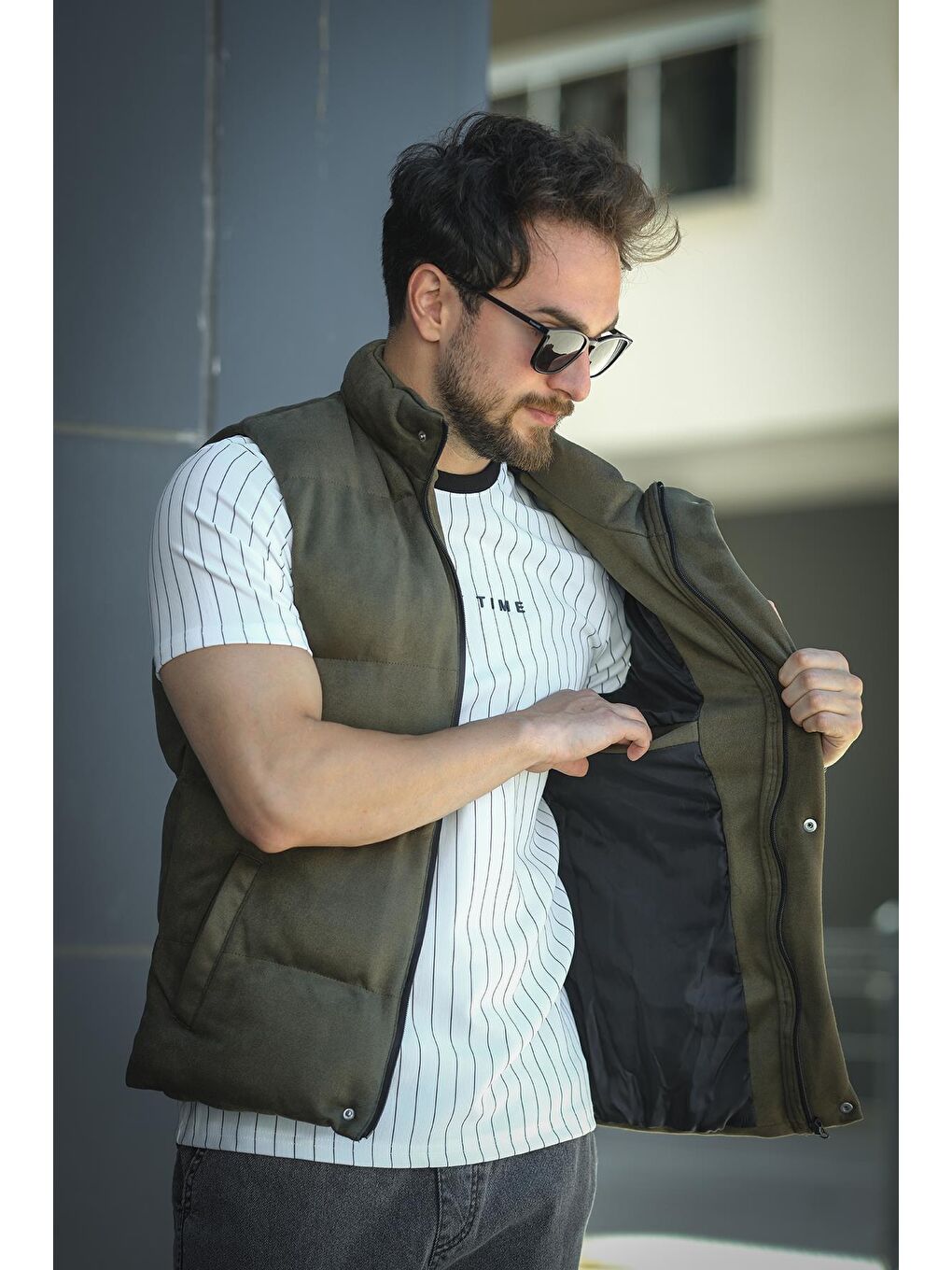 Haki Taff Cepli Dik Yaka Dolum Erkek Şişme Süet Nubuk Yelek-2