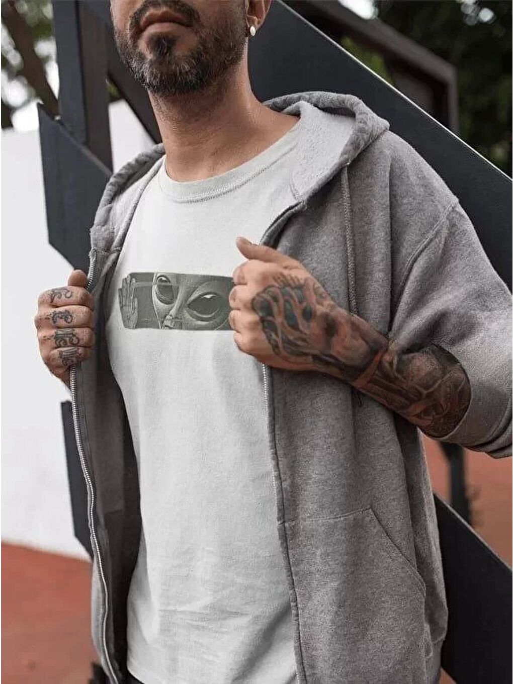 Unisex Bisiklet Yaka Baskılı Oversize T-Shirt - Beyaz-1