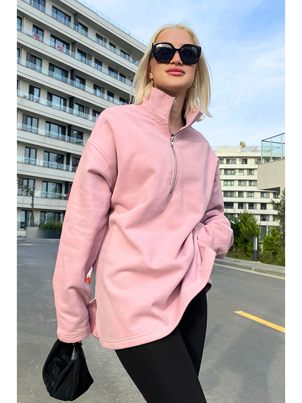 Pembe Gül Kurusu Fermuar Yaka Yırtmaçlı Sweatshirt Mg1903-1