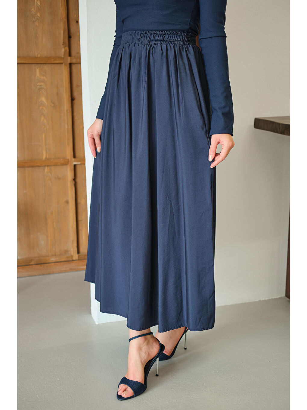 Kadın Kırışık Kloş Etek Lacivert-1