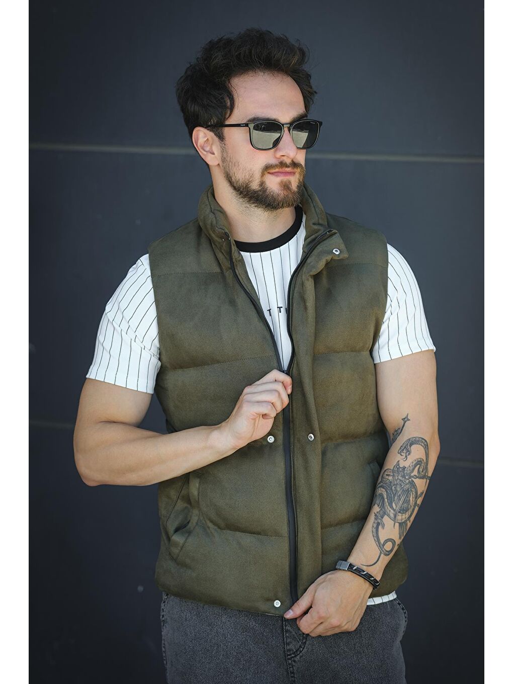 Haki Taff Cepli Dik Yaka Dolum Erkek Şişme Süet Nubuk Yelek-3