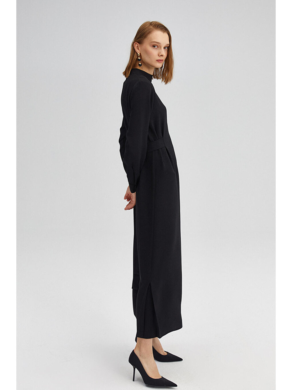 Siyah Beli Kemerli Krep Elbise-1