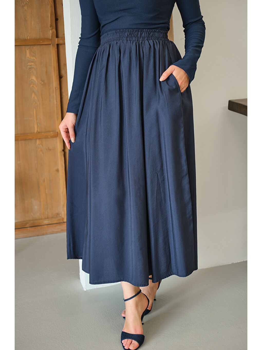 Kadın Kırışık Kloş Etek Lacivert-3