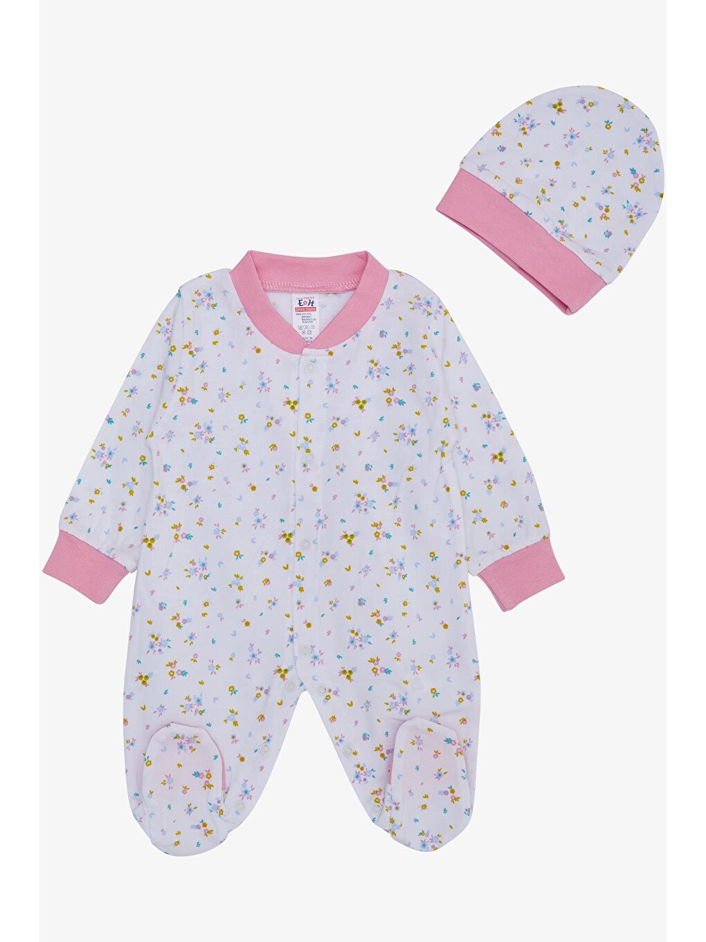 Kız Bebek Patikli Tulum Renkli Çiçek Desenli Beyaz (0-6 Ay)