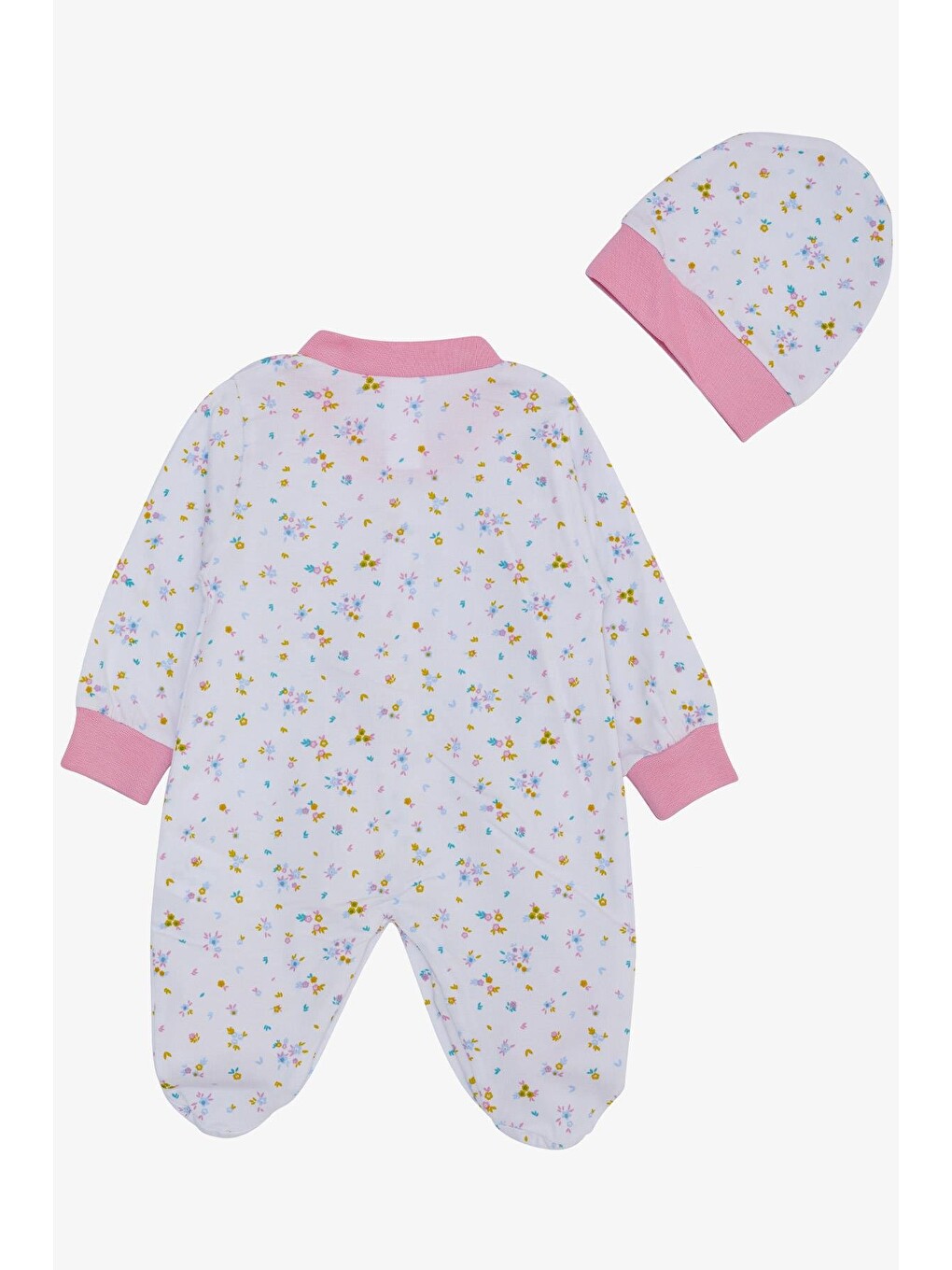 Kız Bebek Patikli Tulum Renkli Çiçek Desenli Beyaz (0-6 Ay)-1