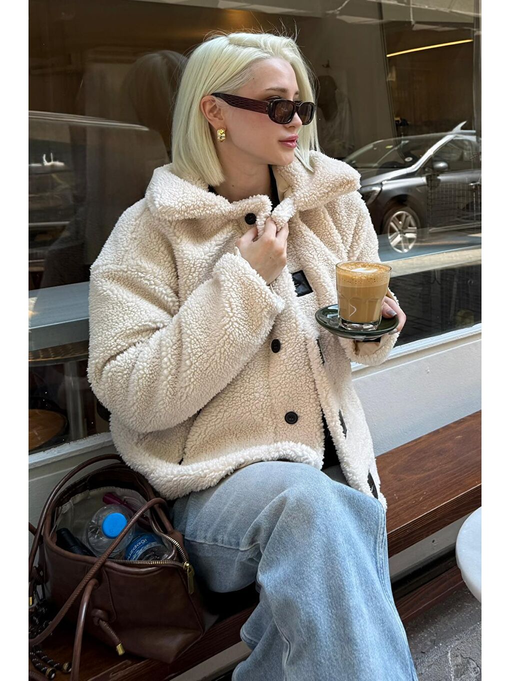 Bej Deri Detaylı Kadın Pelüş Mont Mg2485-2