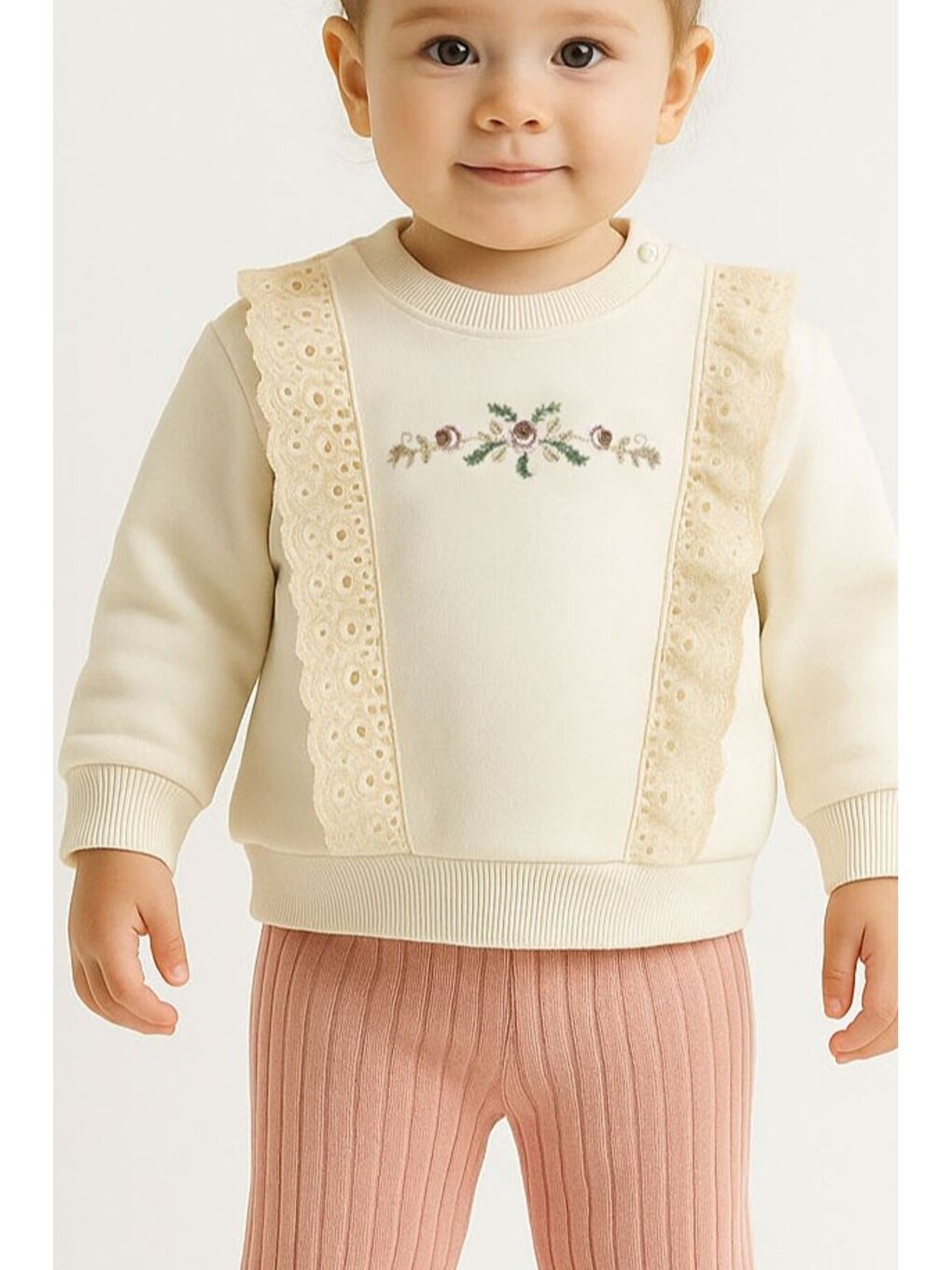 Ekru Kız Bebek Dantelli Çiçek Nakışlı 2’li Sweatshirt ve Ribana Pantolon Takım-1