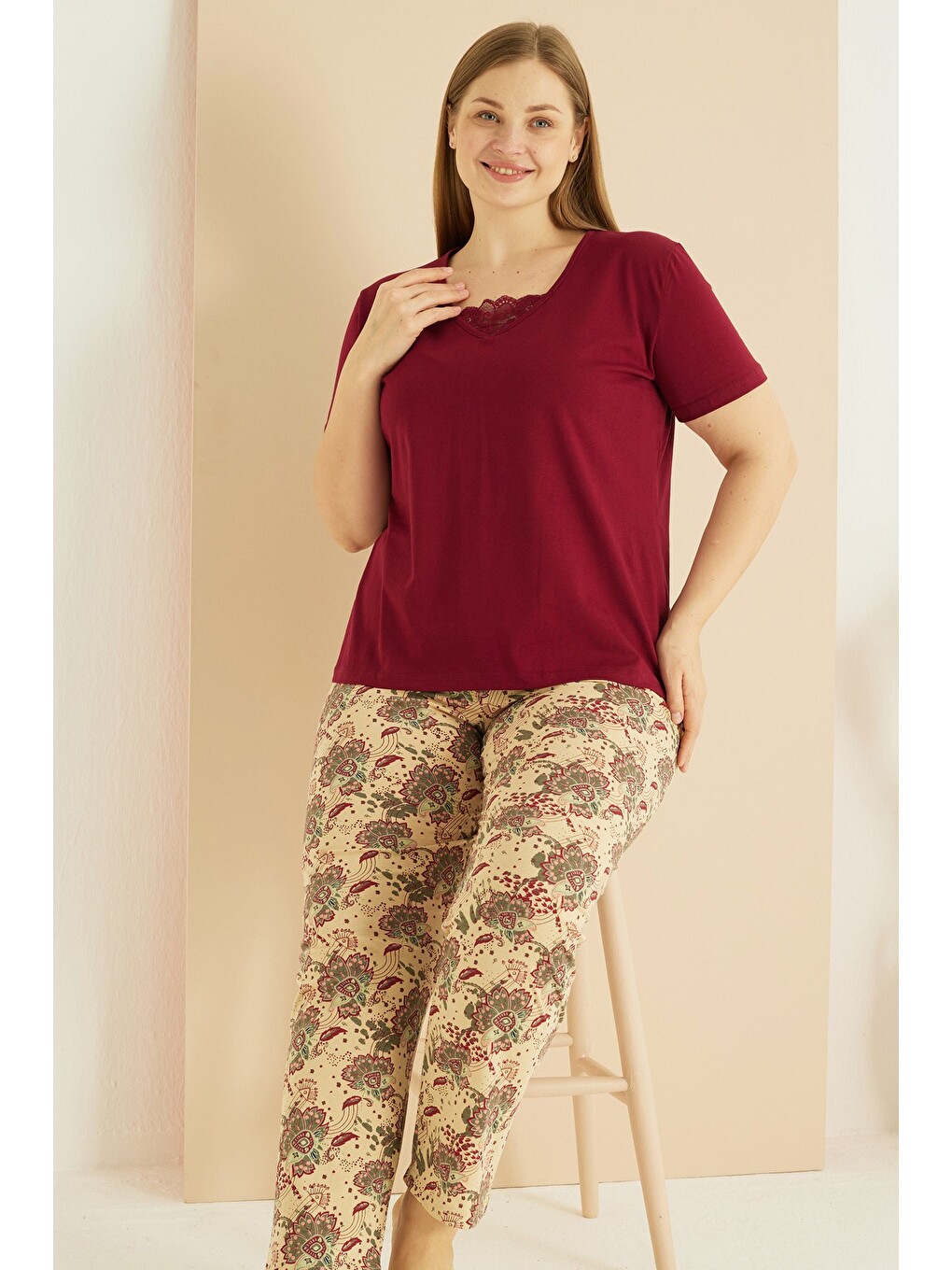 Bordo Curve Büyük Beden Battal Boy Dantel Detaylı Pamuklu Pijama Takım25103715