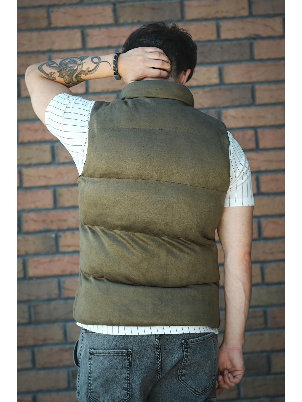 Haki Taff Cepli Dik Yaka Dolum Erkek Şişme Süet Nubuk Yelek-4