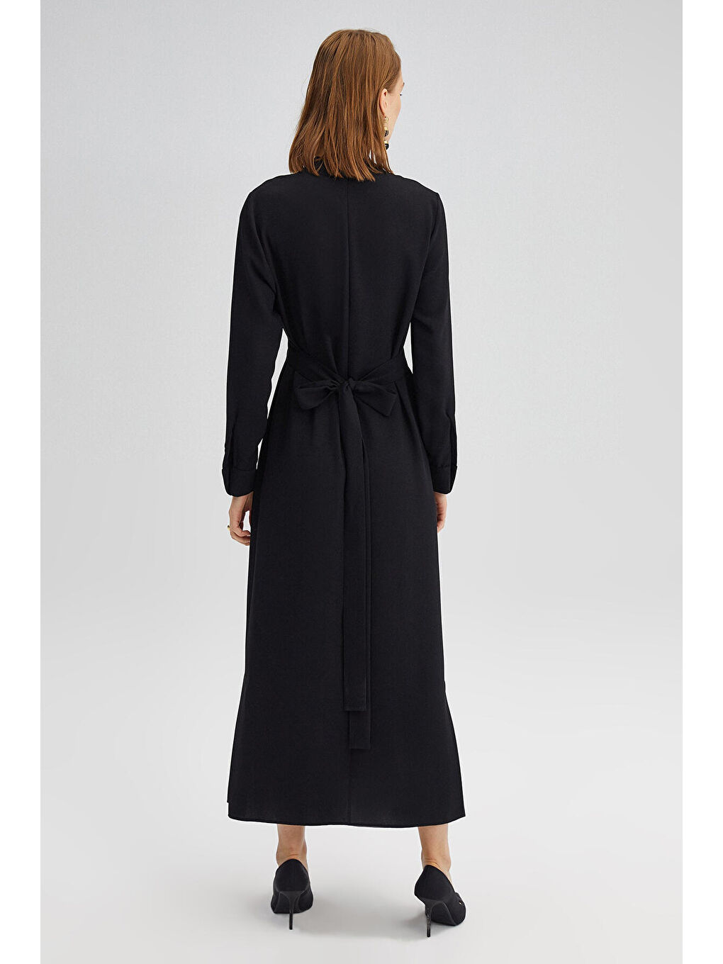 Siyah Beli Kemerli Krep Elbise-2