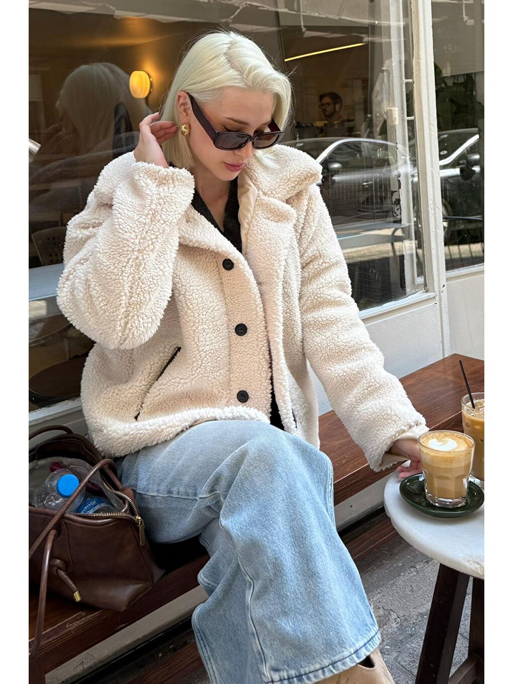 Bej Deri Detaylı Kadın Pelüş Mont Mg2485-4