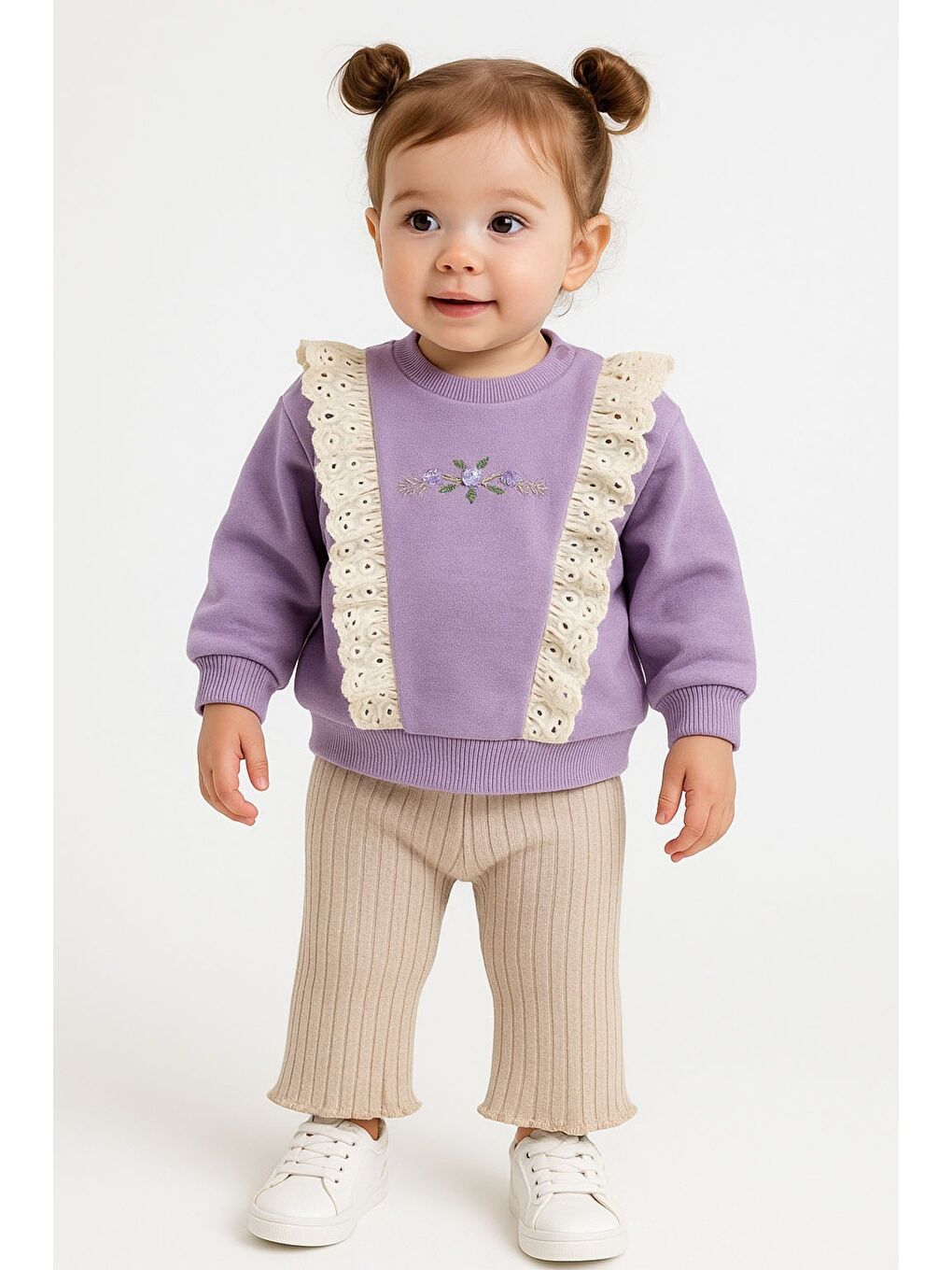 Mor Kız Bebek Dantelli Çiçek Nakışlı 2’li Sweatshirt ve Ribana Pantolon Takım