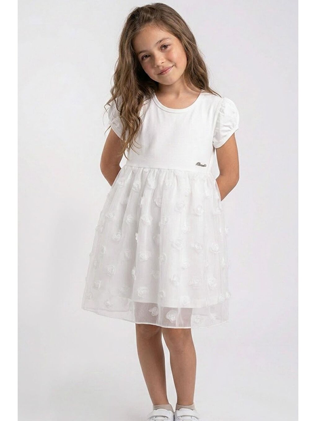 Kız Çocuk Elbise 3D Gül Aplikeli Tül Detaylı Armalı Ekru (3-8 Yaş)-1