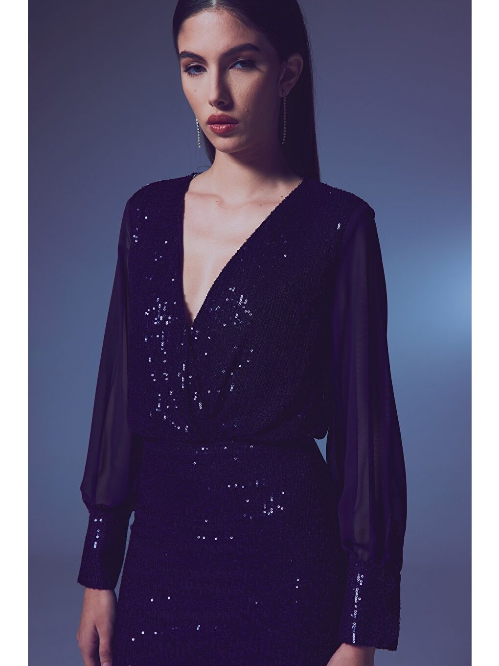 Şifon Kol Bodysuit Bluz - Lacivert-1