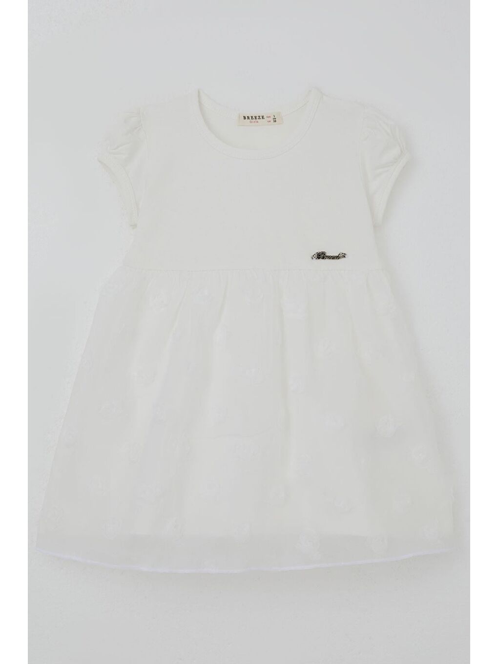 Kız Çocuk Elbise 3D Gül Aplikeli Tül Detaylı Armalı Ekru (3-8 Yaş)-2