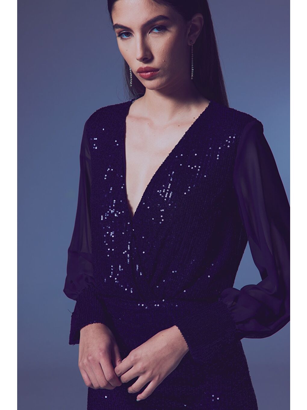 Şifon Kol Bodysuit Bluz - Lacivert-2