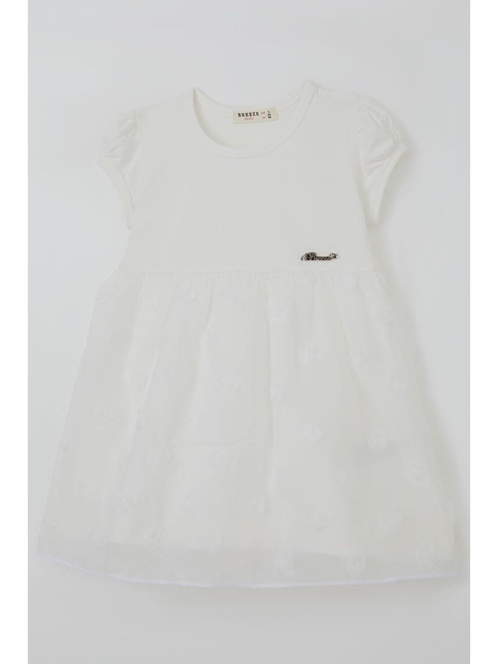 Kız Çocuk Elbise 3D Gül Aplikeli Tül Detaylı Armalı Ekru (3-8 Yaş)-4