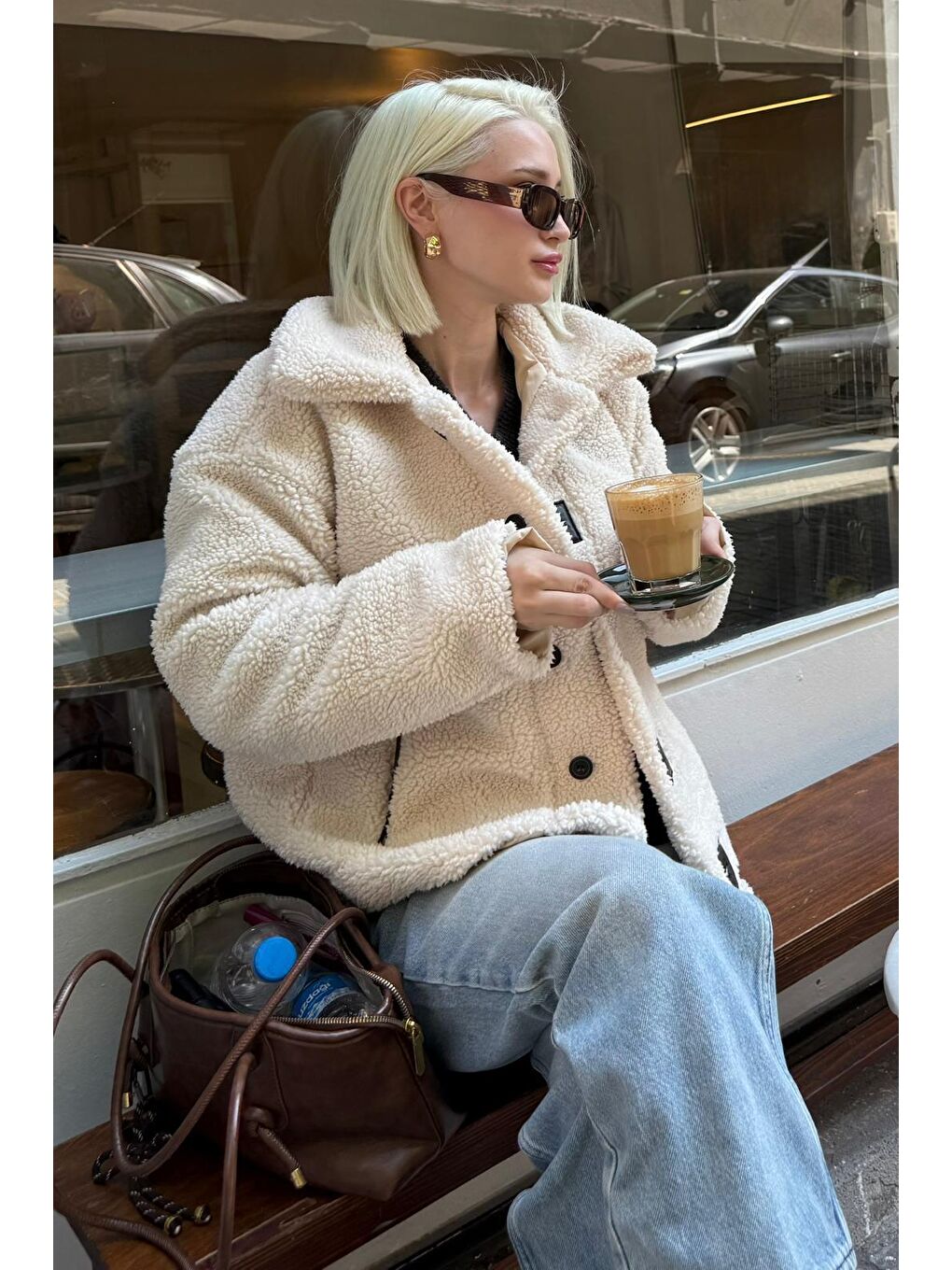 Bej Deri Detaylı Kadın Pelüş Mont Mg2485-7