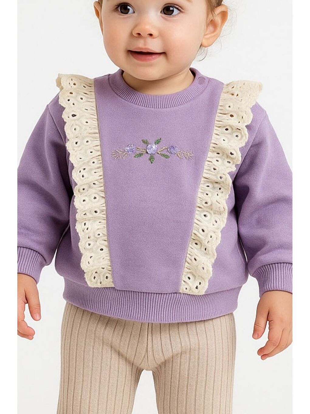 Mor Kız Bebek Dantelli Çiçek Nakışlı 2’li Sweatshirt ve Ribana Pantolon Takım-1