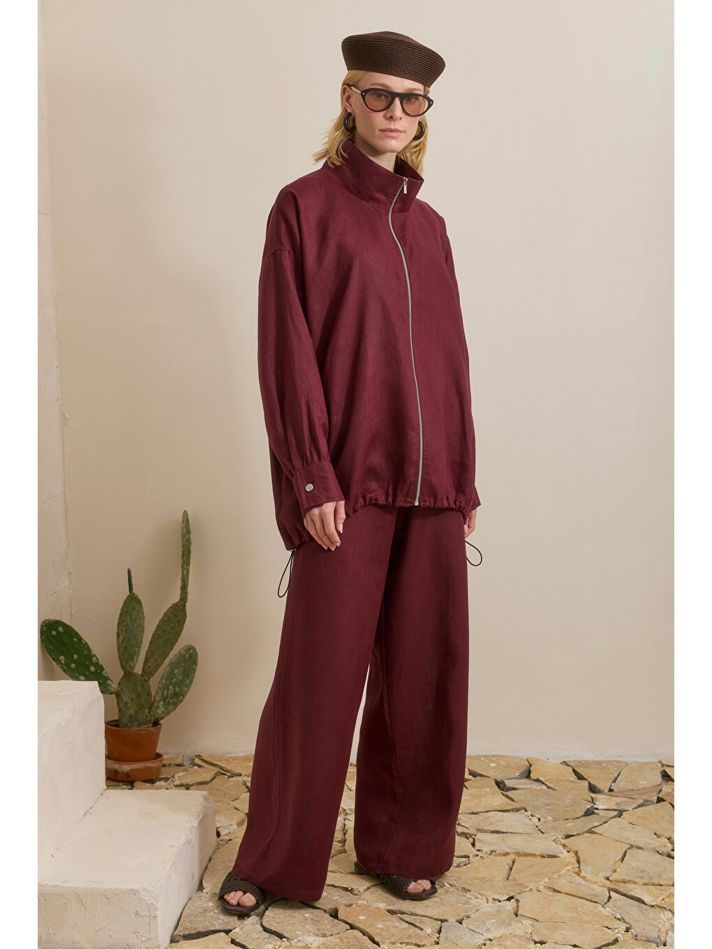 Dik Yaka Keten Takım Bordo-1