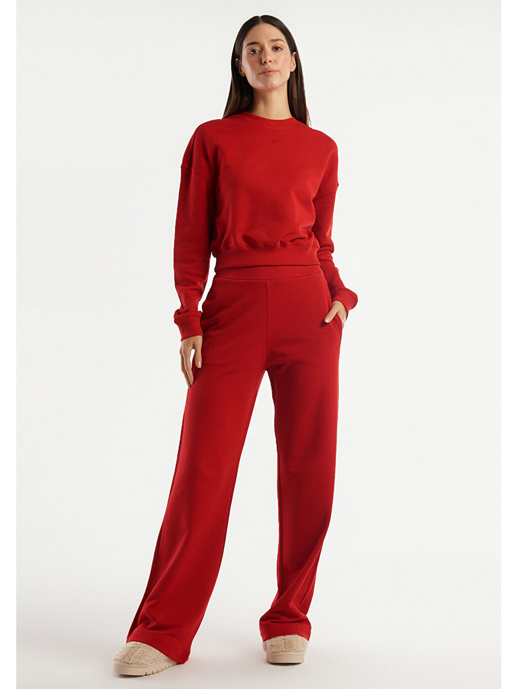 Kadın Kırmızı %100 Pamuk Rahat Kalıp Eşofman Altı