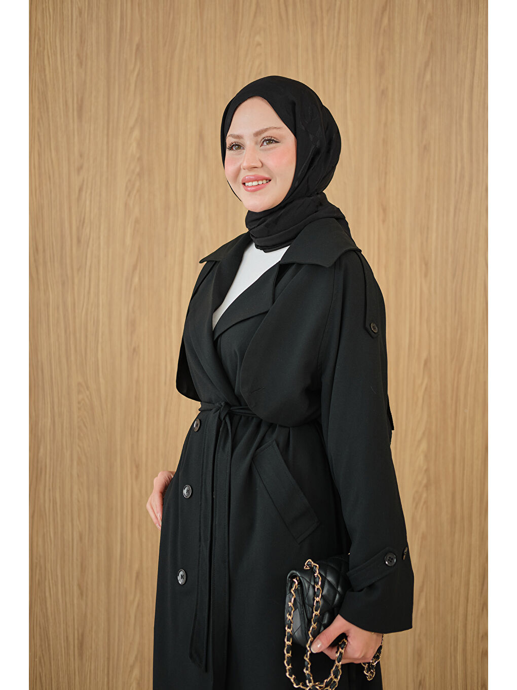 Kadın Kruvaze Yaka Bel Bağlamalı Çift Cepli Trenç Siyah-1