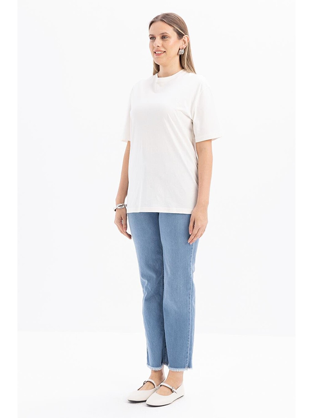 Ekru-kısa Kollu Nakış Detaylı Süprem Tshirt-2