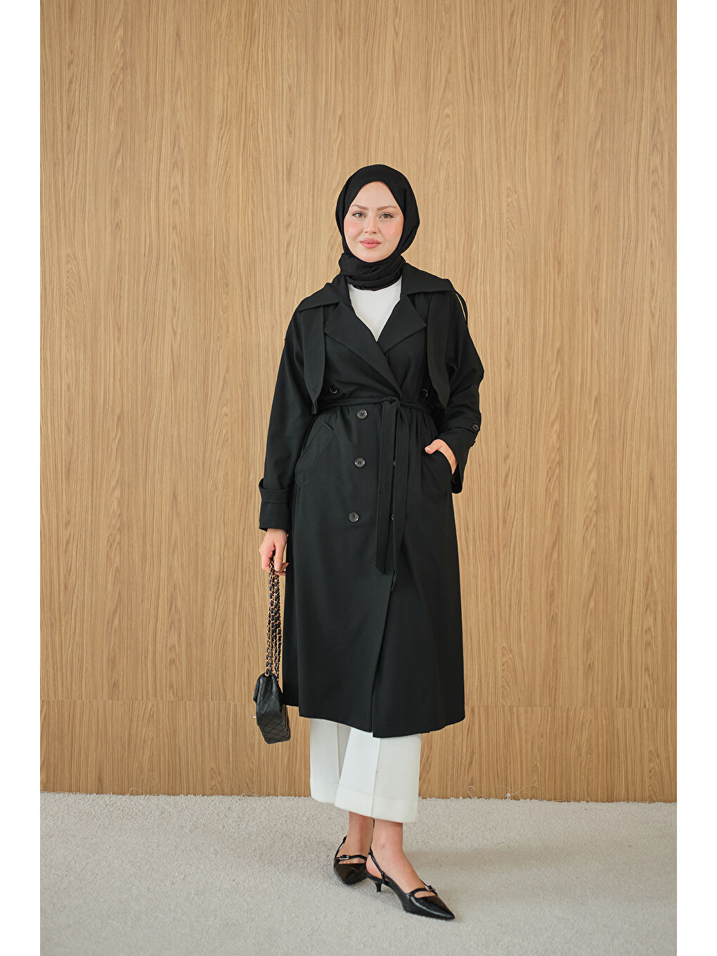 Kadın Kruvaze Yaka Bel Bağlamalı Çift Cepli Trenç Siyah-2