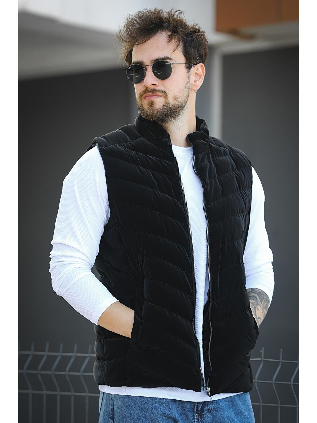 Siyah Faxy Cepli Dik Yaka Nova Parlak Kumaş Erkek Şişme Yelek