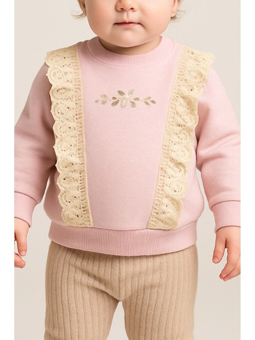 Pembe Kız Bebek Dantelli Çiçek Nakışlı 2’li Sweatshirt ve Ribana Pantolon Takım-1