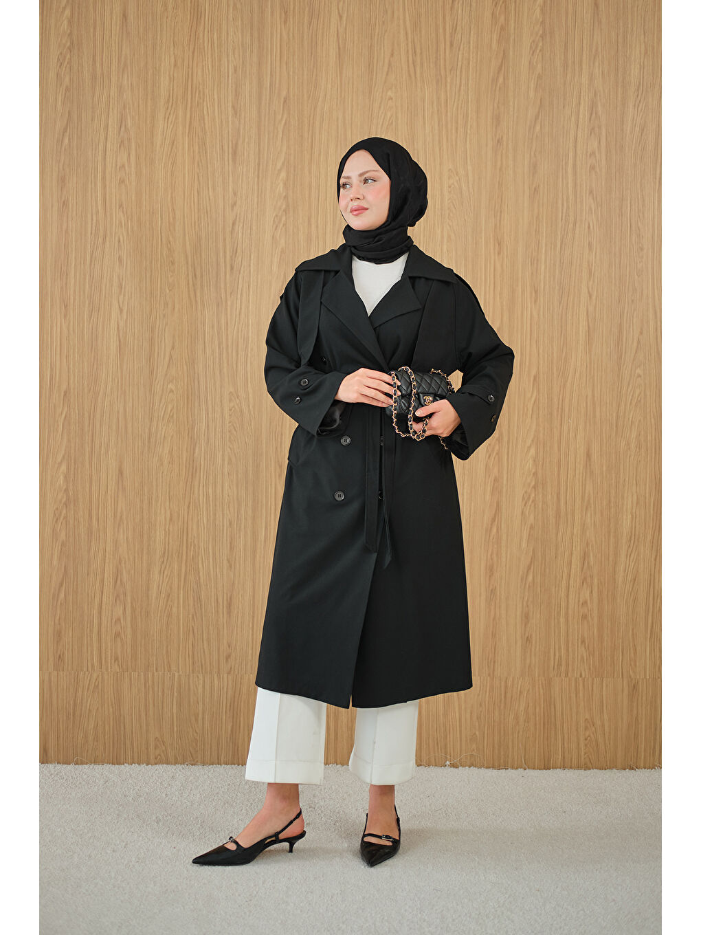 Kadın Kruvaze Yaka Bel Bağlamalı Çift Cepli Trenç Siyah-3