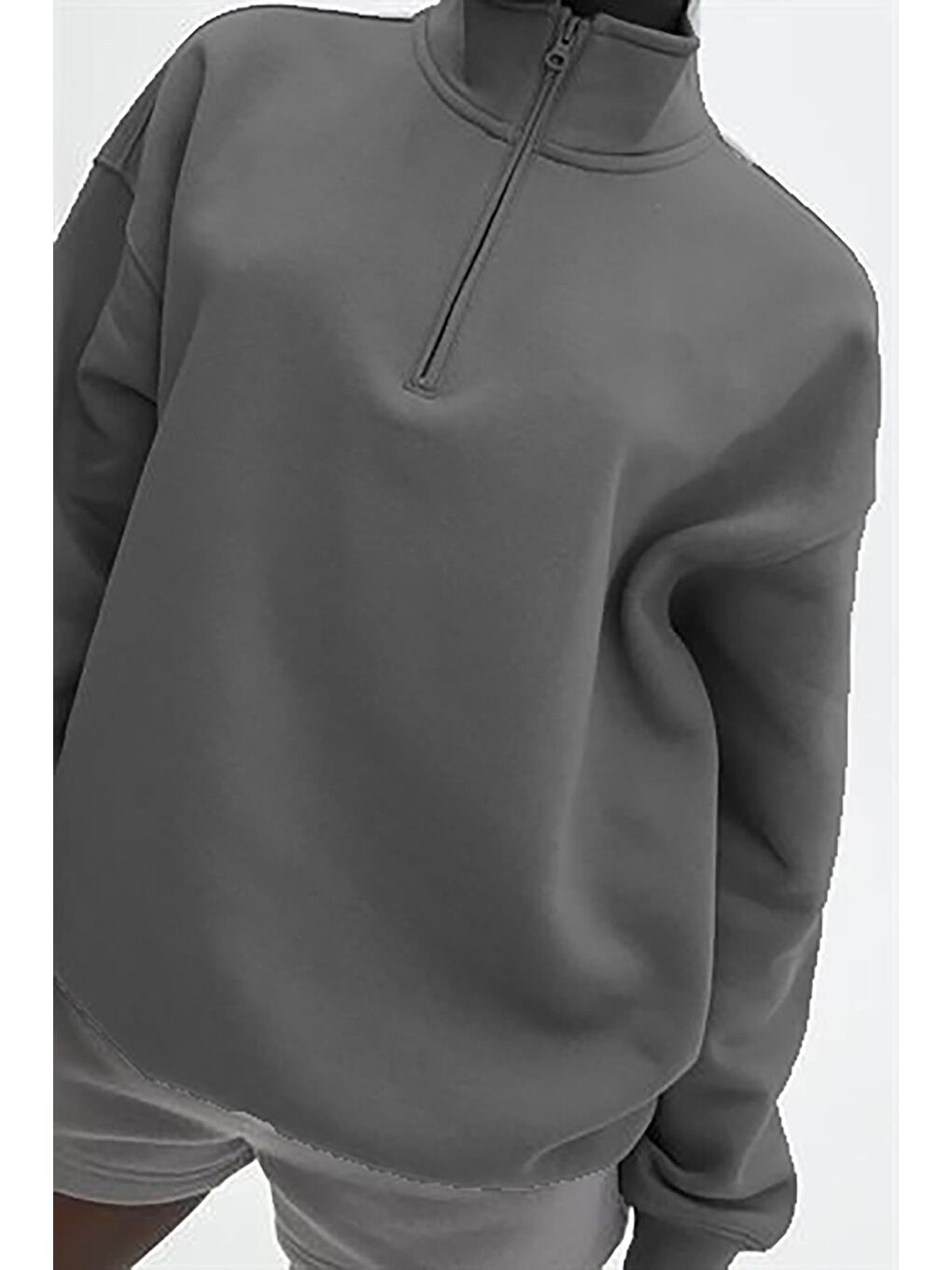 Gri Füme Fermuar Detaylı Oversize Sweatshirt Mg1933-1