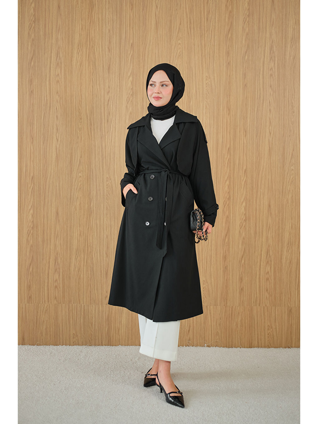 Kadın Kruvaze Yaka Bel Bağlamalı Çift Cepli Trenç Siyah-4