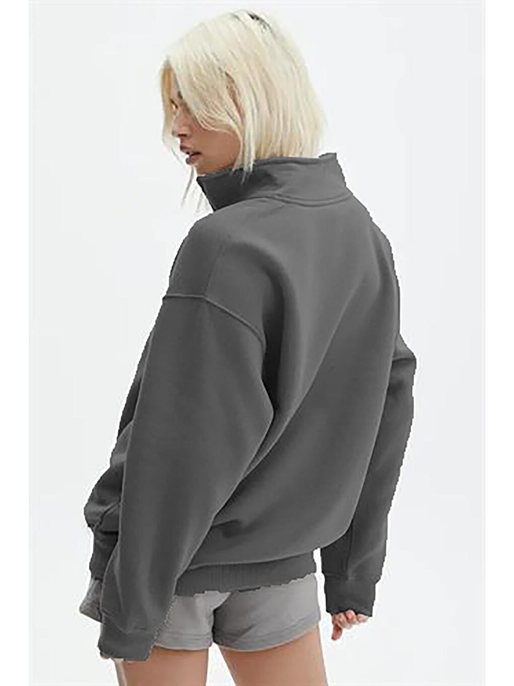 Gri Füme Fermuar Detaylı Oversize Sweatshirt Mg1933-2