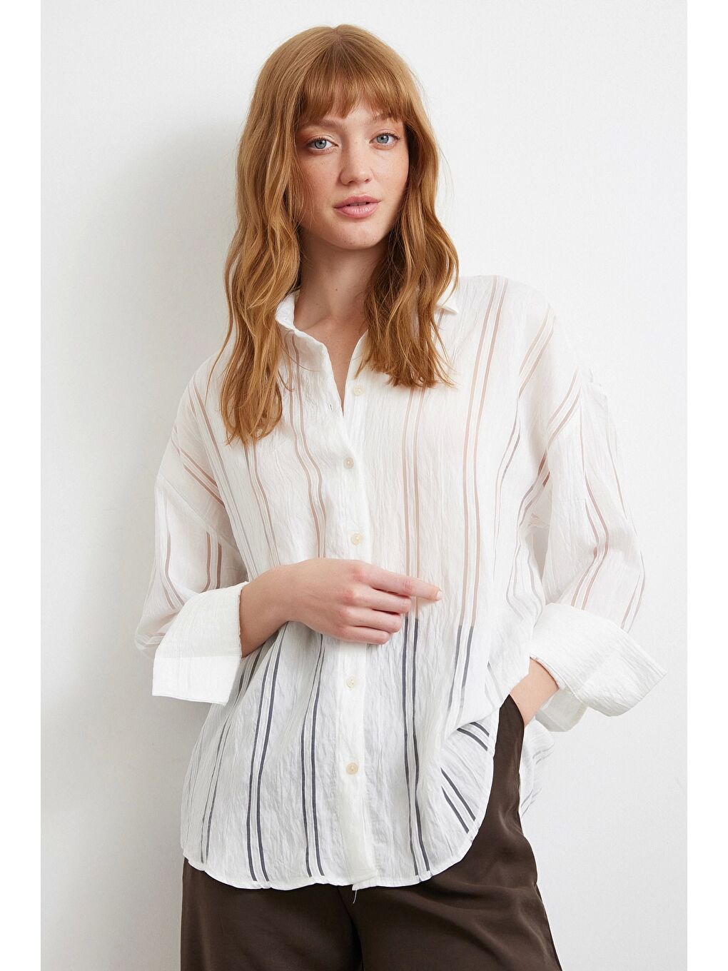 Organze Çizgili Gömlek Ekru