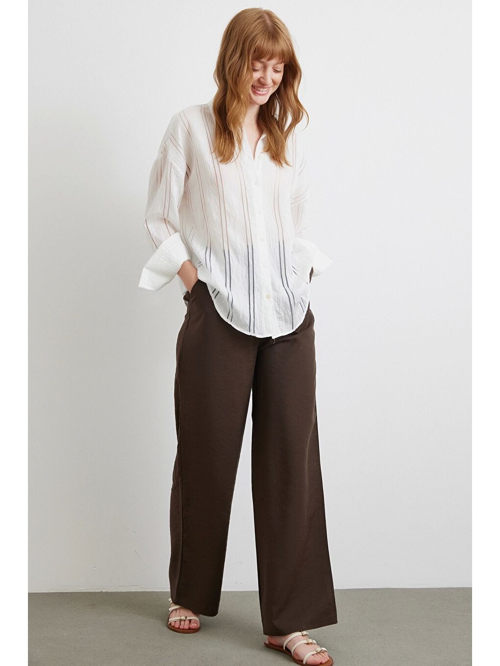 Organze Çizgili Gömlek Ekru-1