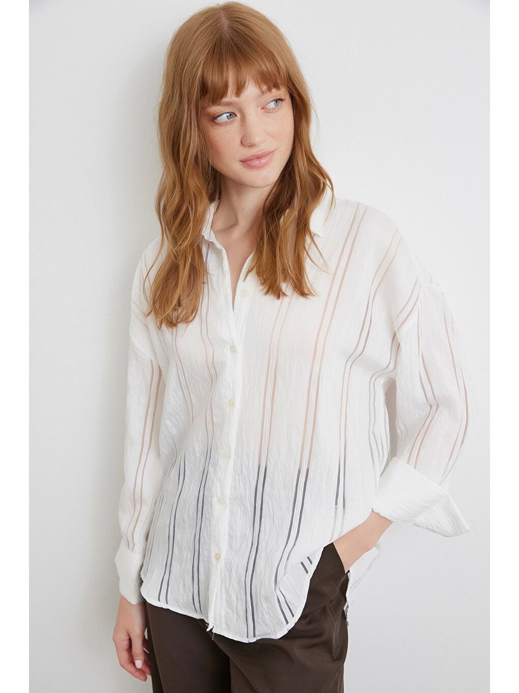 Organze Çizgili Gömlek Ekru-2